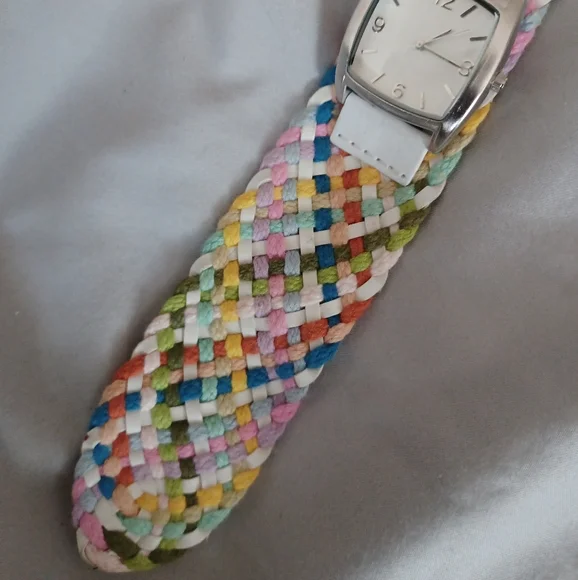 Stainless Steel silver white leather colorful woven fabric band watch timepiece - Picture 3 of 7